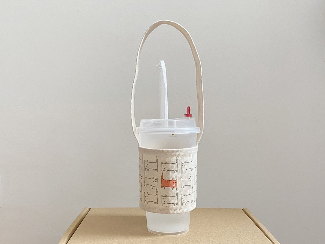 环保帆布水壶袋 猫咪图饮料提袋 奶茶杯袋 - 随行杯提袋/水壶袋 - 棉 白色