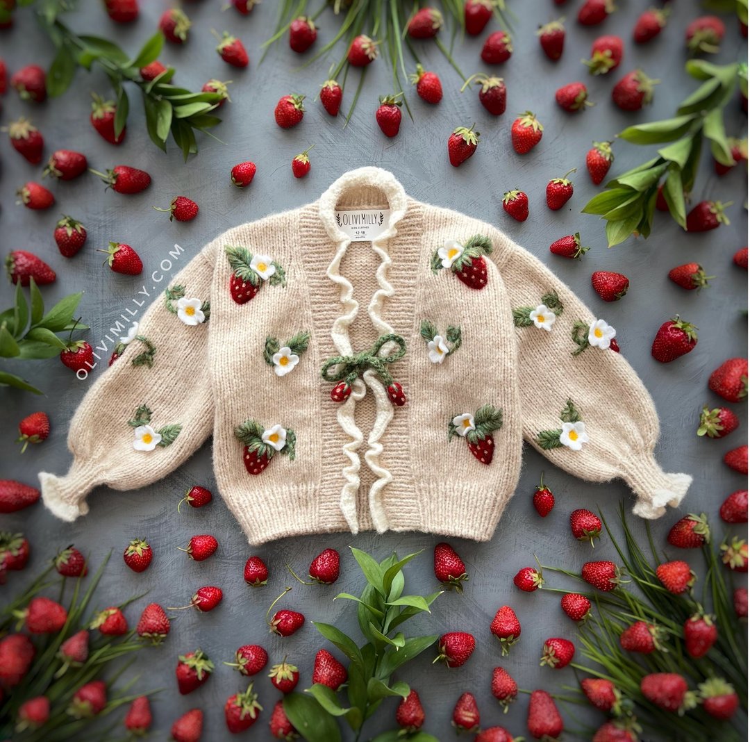 Strawberries Cardigan, Knitting cardigan, Kids cardigan, baby clothes, kids, - 其他 - 羊毛 卡其色
