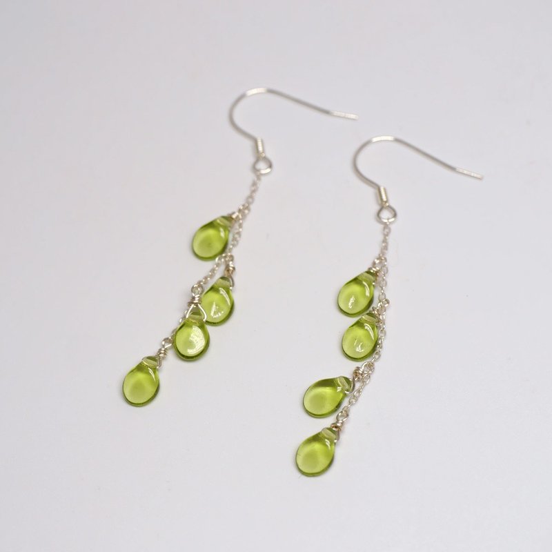 绿叶-琉璃叶子长耳环 925纯银耳勾 无痛耳夹 - 耳环/耳夹 - 琉璃 绿色