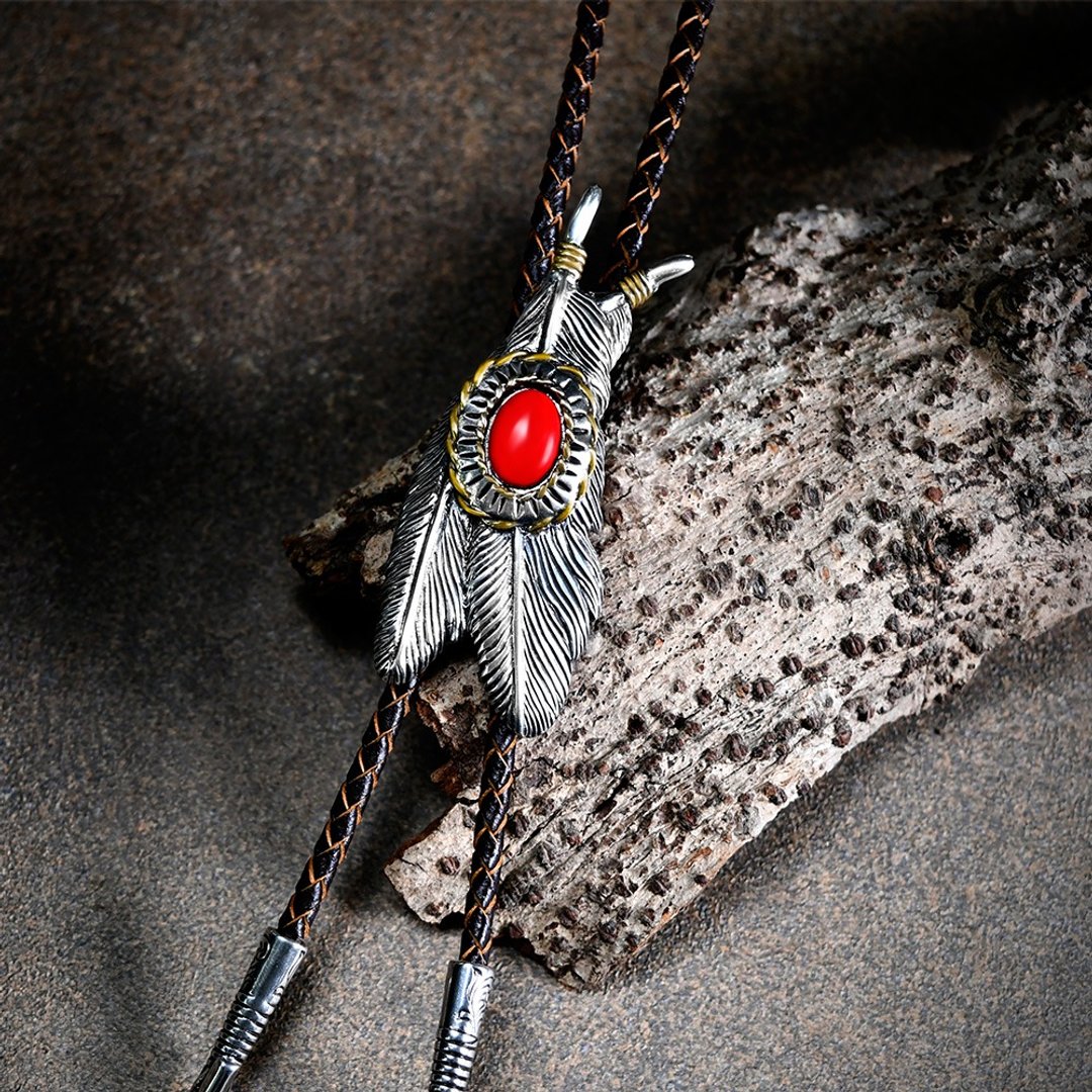 美式西部 双羽毛  保罗领带 Bolo Tie 真皮 皮革项链 皮绳领带 - 领带/领带夹 - 真皮 银色