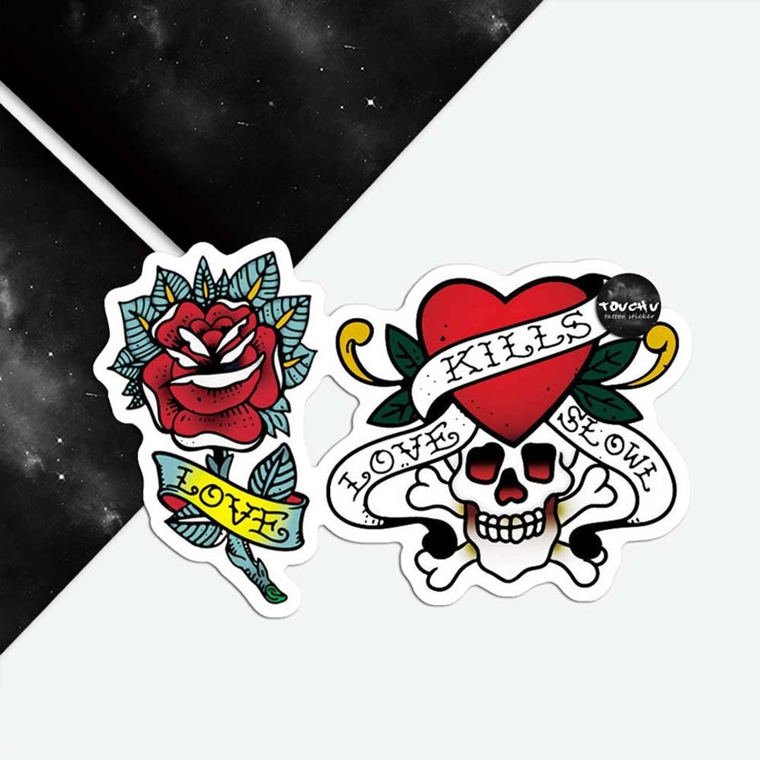 TU紋身貼紙-玫瑰花和骷髅骨头  刺青 防水纹身 原创 - 纹身贴 - 纸 多色