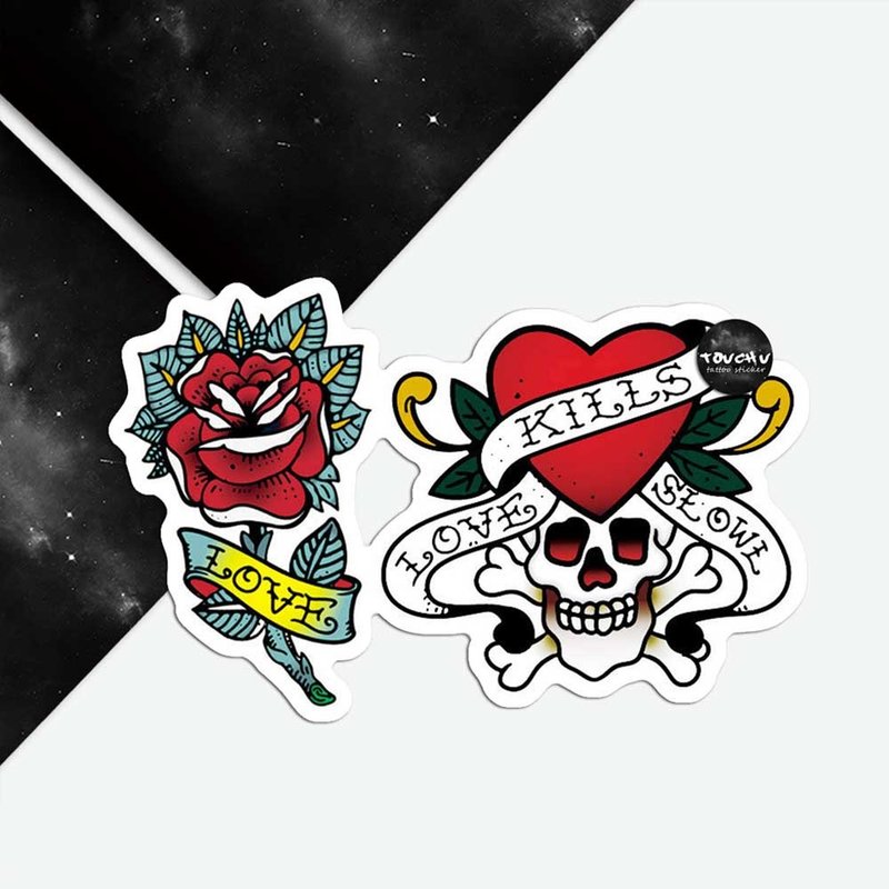 TU紋身貼紙-玫瑰花和骷髅骨头  刺青 防水纹身 原创 - 纹身贴 - 纸 多色