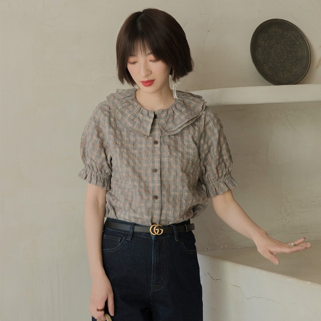 学院风双层花瓣领衬衫-灰蓝|衬衫|春款|棉+涤纶|Sora-454 - 女装衬衫 - 棉．麻 