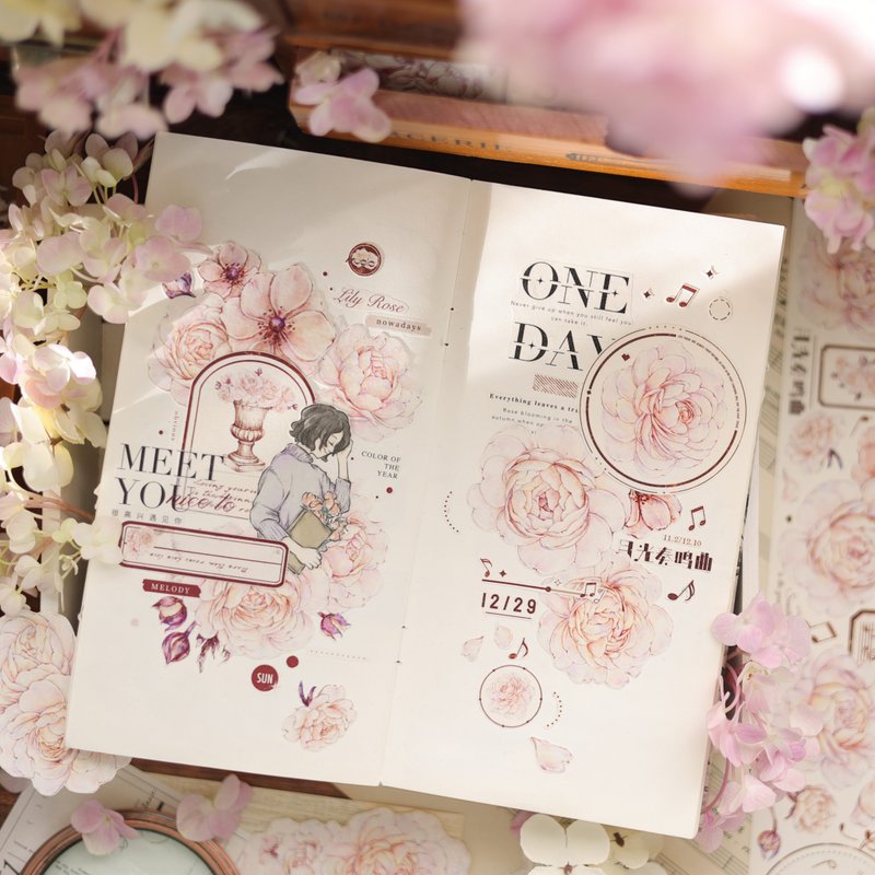 月白 轻复古洋牡丹集 PET 和纸胶带 - 纸胶带 - 纸 粉红色