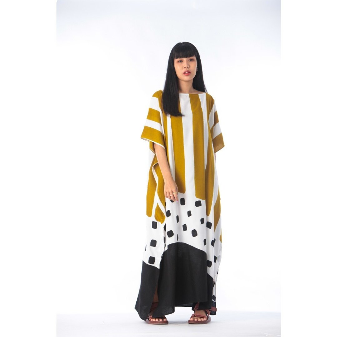 Hand Painted Cotton Silk Kaftan for Summer Resort Vacation F - 洋装/连衣裙 - 棉 绿色