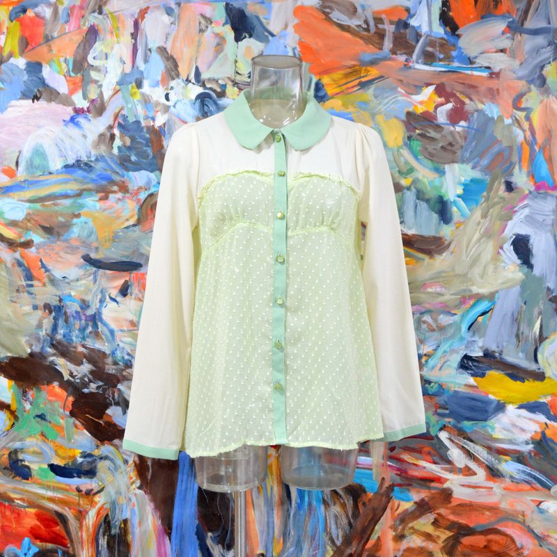 石青绿领子配薄荷绿色米白雪纺透视开胸衬衫 有瑕疵 日本中古古着 - 女装衬衫 - 其他材质 多色