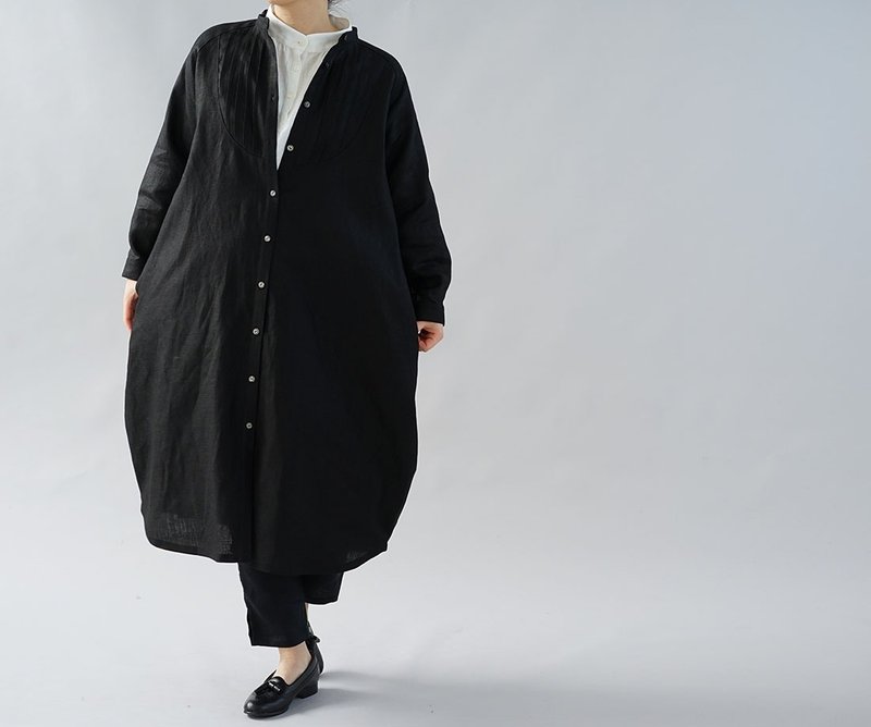 wafu - 純亞麻洋裝 Midweight Linen Cocoon Dress / Black a081k-bck2 - 洋装/连衣裙 - 亚麻 黑色