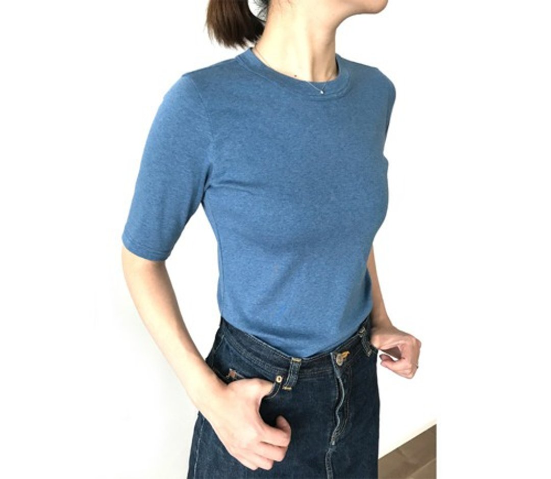 Organic cotton made in Japan Adult four-quarter sleeve plain T-shirt Ash blue [Sizes available] - 女装上衣 - 棉．麻 
