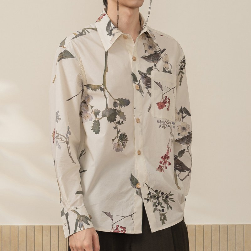 【馥芮白】森系复古 植物印花日晒工艺衬衫/古典长袖衬衣 - 男装衬衫 - 棉．麻 白色