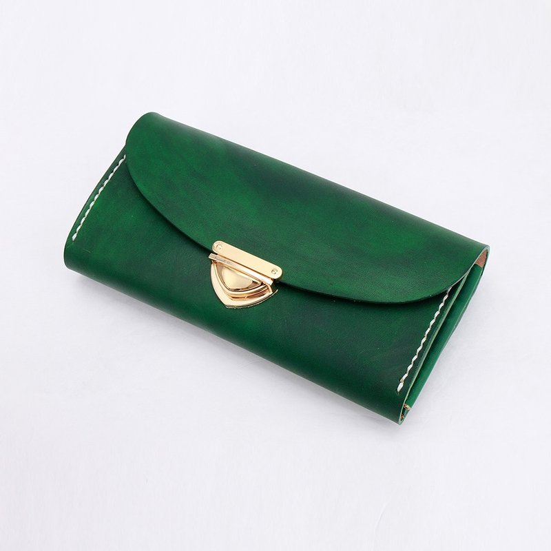 【切线派】真皮纯手工风琴钱包 大容量复古长夹插扣款 手染孔雀绿 - 皮夹/钱包 - 真皮 绿色