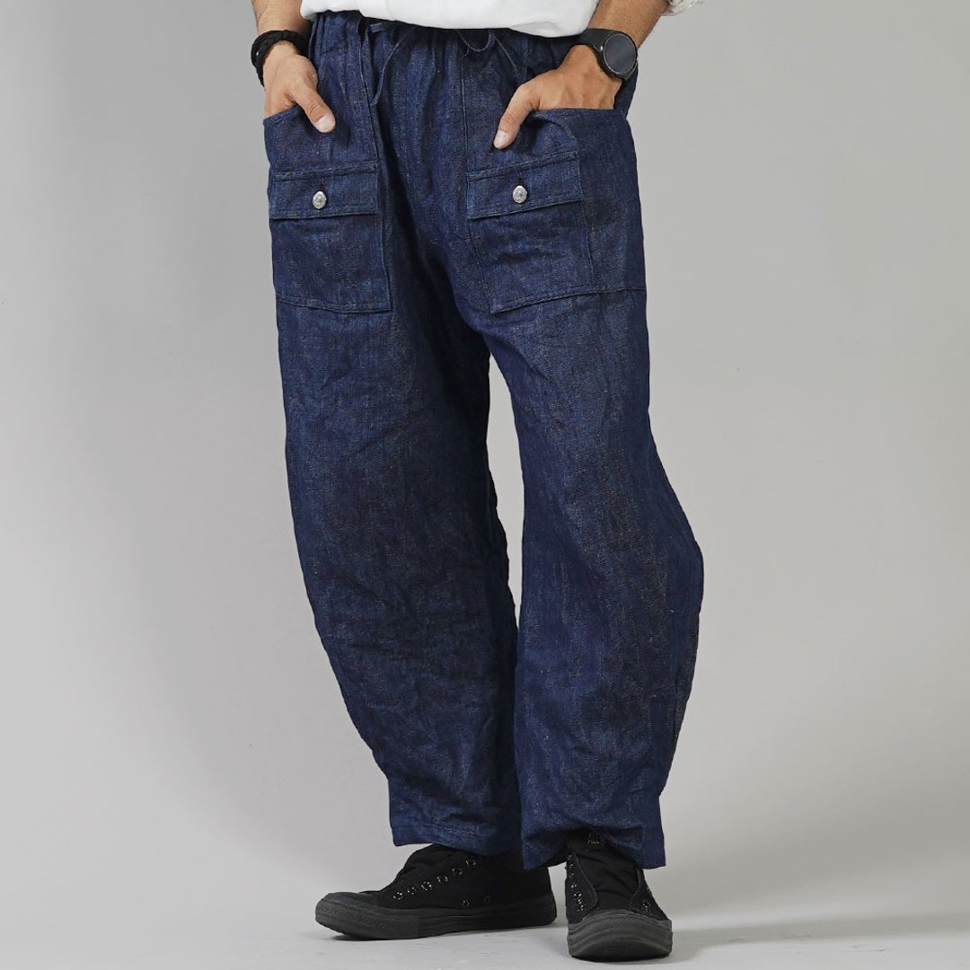 wafu --Ama beef cowboy 褲子 Midweight Linen Denim Bush Pants Unisex / Indigo b013e-ind3 - 中性裤装 - 亚麻 蓝色