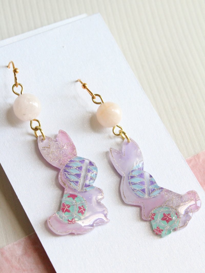 和纸风粉红 粉紫 手绘兔子耳环 无耳洞耳夹 - 耳环/耳夹 - 颜料 粉红色