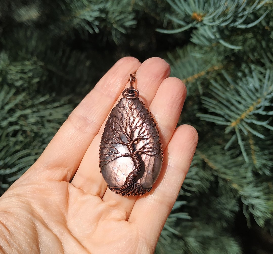 Gold Labradorite Wire Wrap Tree Of Life Pendant, Copper Anniversary Gift for him - 项链 - 其他金属 金色