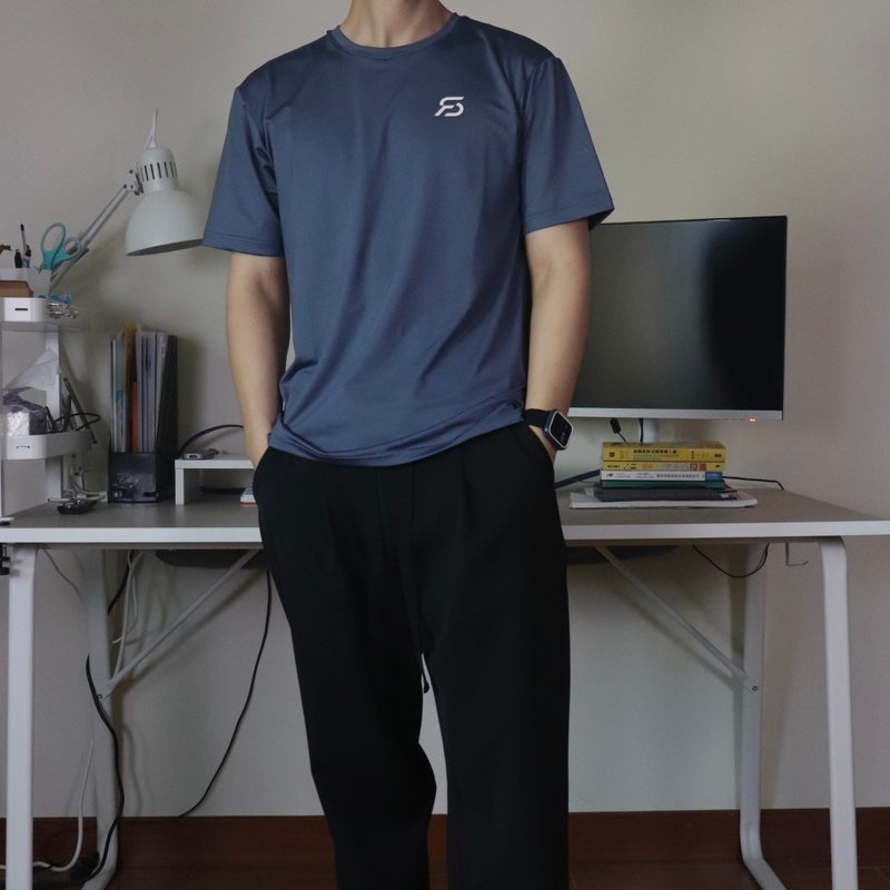 AllConf系列 半落肩休闲训练短袖上衣 - 午夜蓝 - 男装运动衣 - 聚酯纤维 蓝色