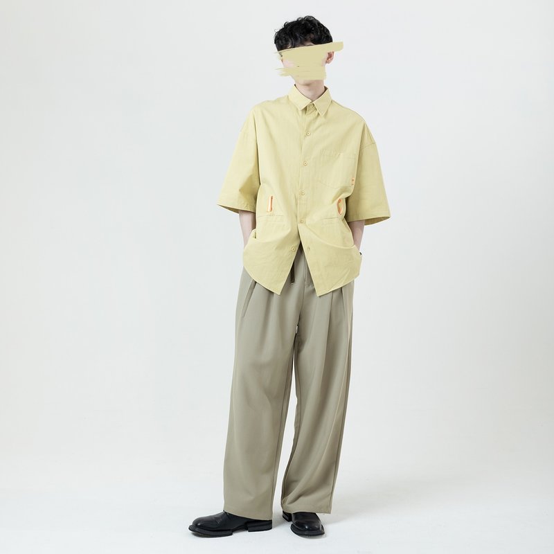 双绑带打褶长裤 / 灰绿 / - 男士长裤 - 聚酯纤维 绿色