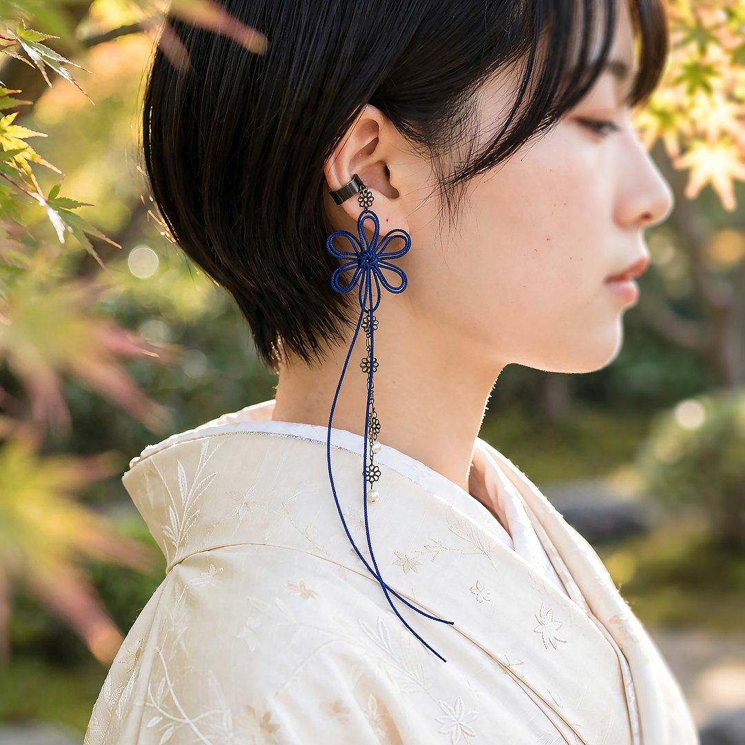 饰结单边耳骨夹 - ひとあしこつり・透【轻巧日系风】适合浴衣、和服、日常穿搭。 - 耳环/耳夹 - 其他金属 蓝色