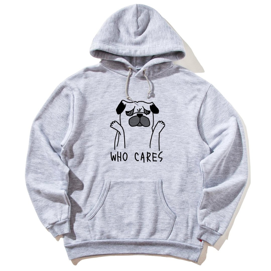 Who Cares Pug 前面图案 帽T 中性版 灰色 巴哥 哈巴狗 动物 礼物 - 中性连帽卫衣/T 恤 - 棉 灰色