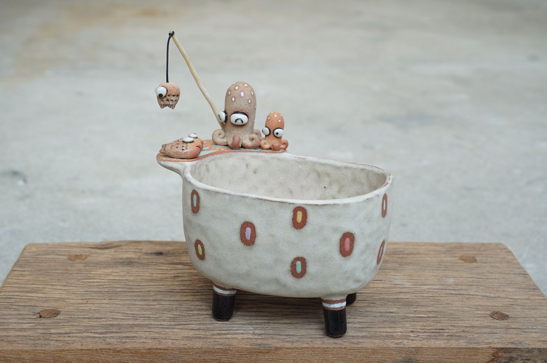 squid plant pot , octopus , handmade ceramic. cactus - 花瓶/陶器 - 陶 咖啡色