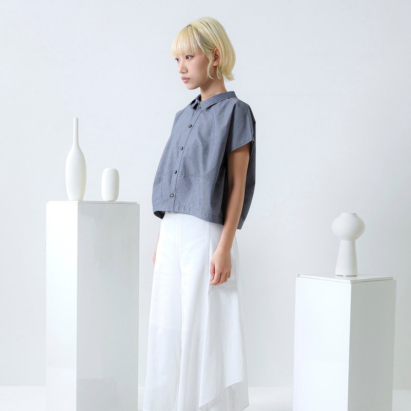 轻质仿丹宁 | 明车线小翻领落肩宽版衬衫 - 女装衬衫 - 其他材质 蓝色