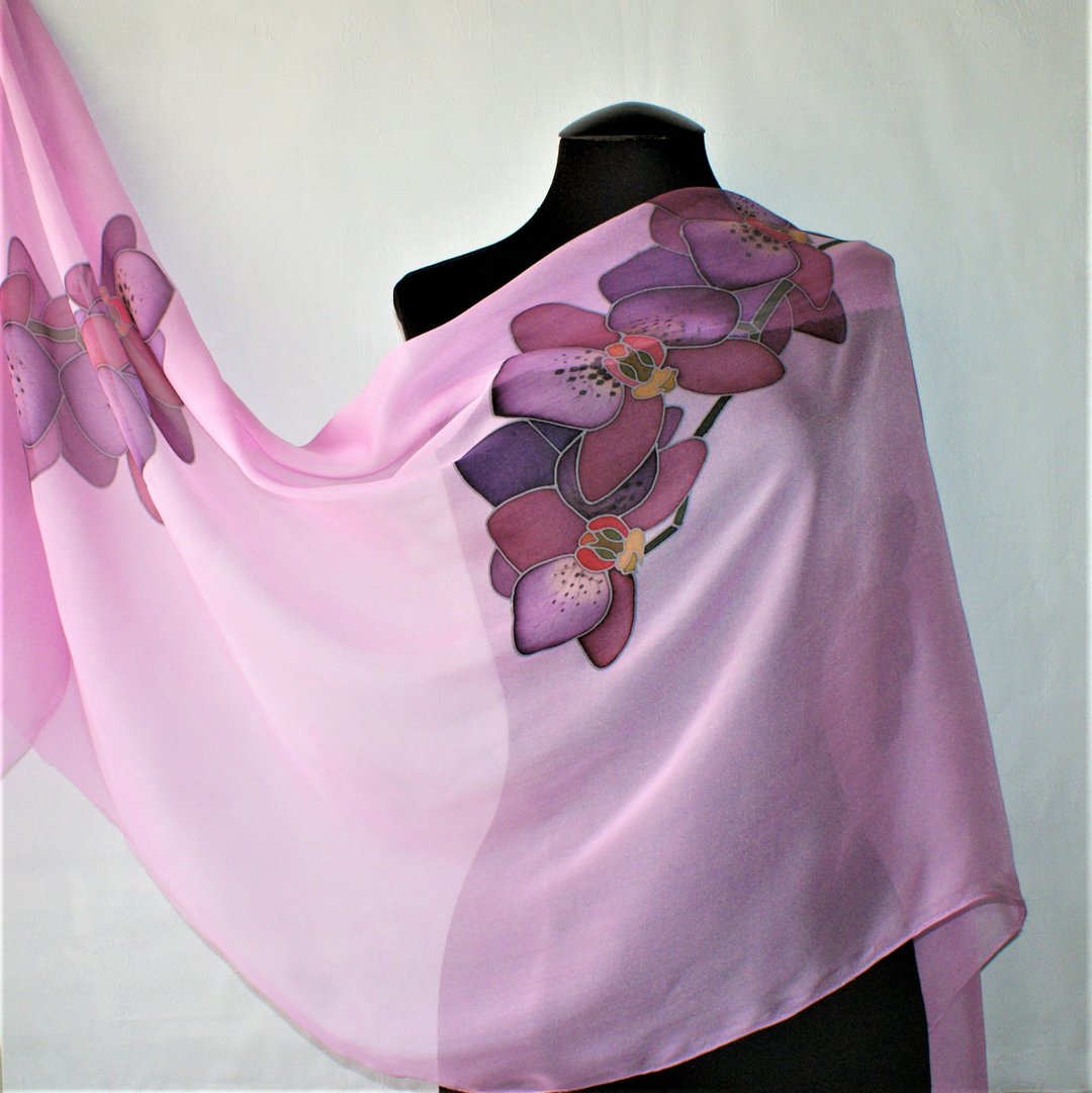 絲巾 Silk scarf hand painted batik Floral long silk scarf Orchid print scarf - 丝巾 - 丝．绢 紫色