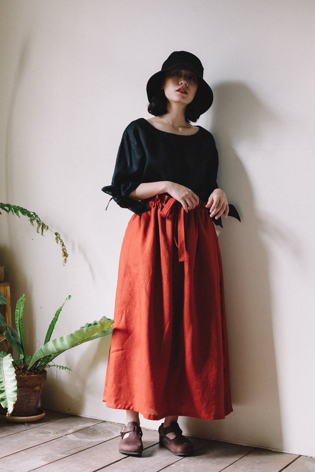Linen Tie Waist Skirt in Brick - 裙子 - 棉 红色
