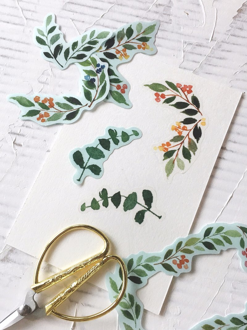 绿叶花圈 日本雾面和纸 全断割型贴纸 / 14款 - 贴纸 - 纸 绿色