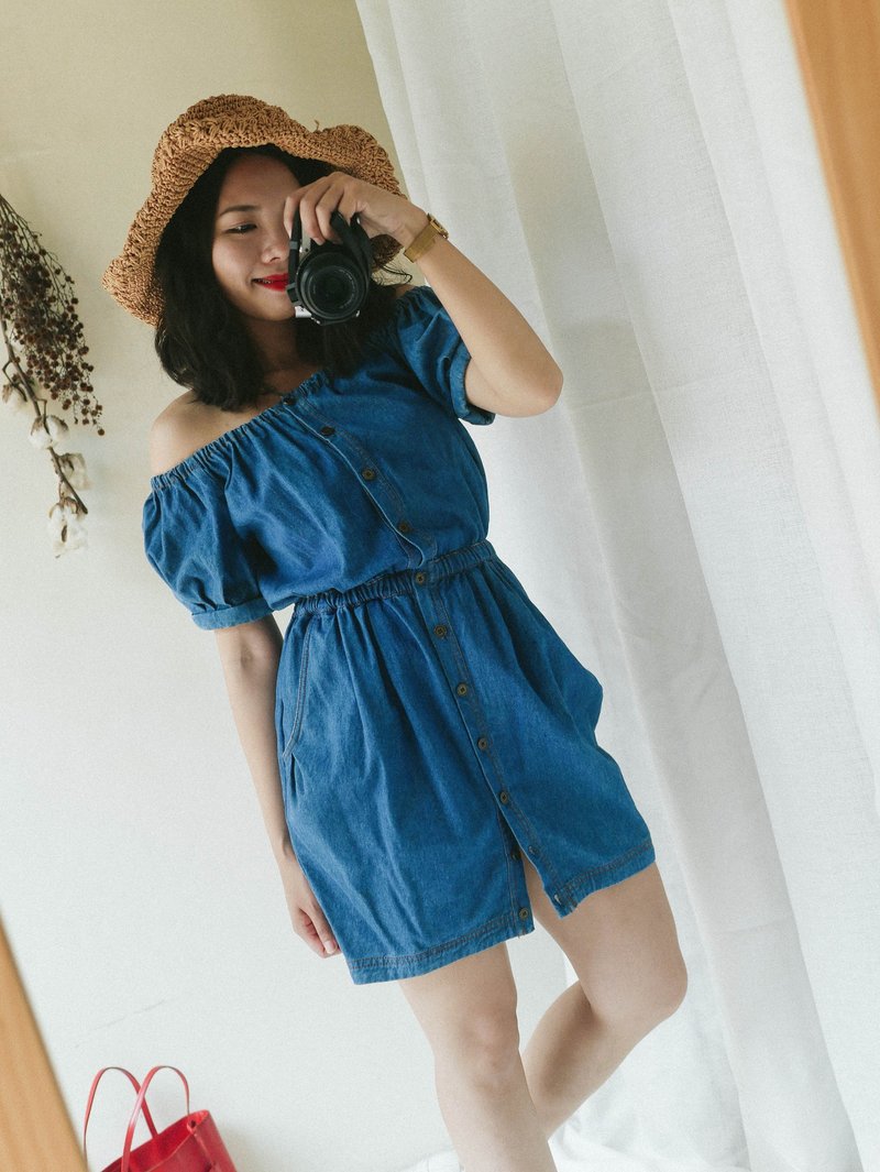广岛平口排扣春季梦游园派对 古董连身丹宁短裙 overalls dress - 洋装/连衣裙 - 棉．麻 蓝色