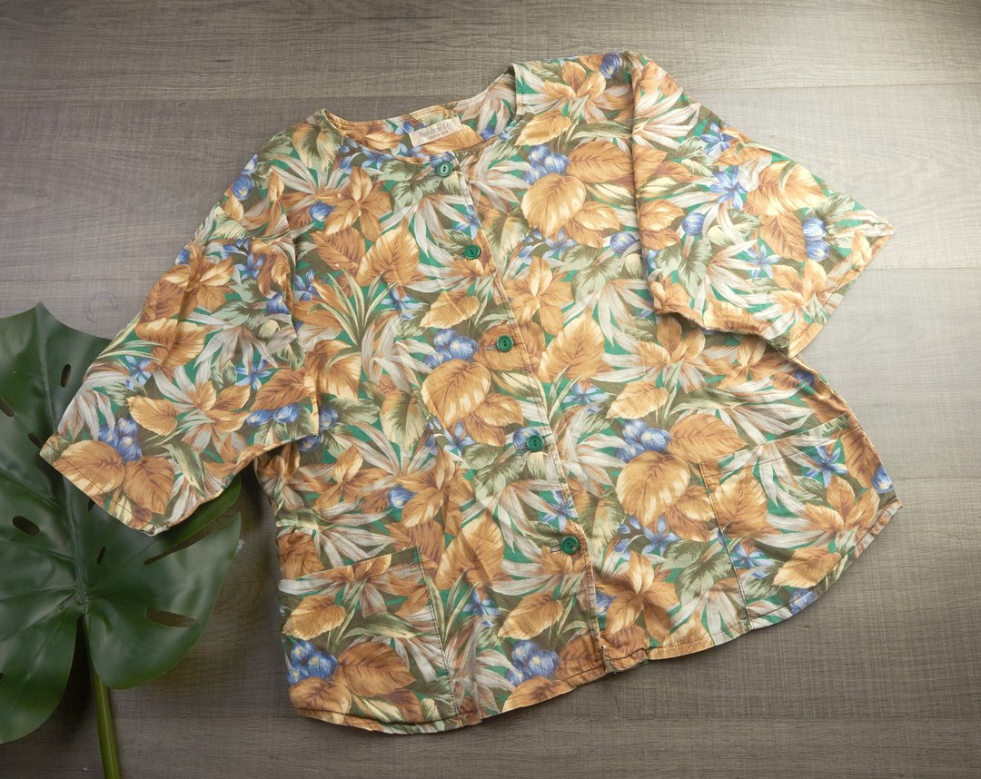 加大码 | 复古女式花卉印花棉质上衣| 女士复古服装| 复古衬衫 | - 女装衬衫 - 其他材质 绿色