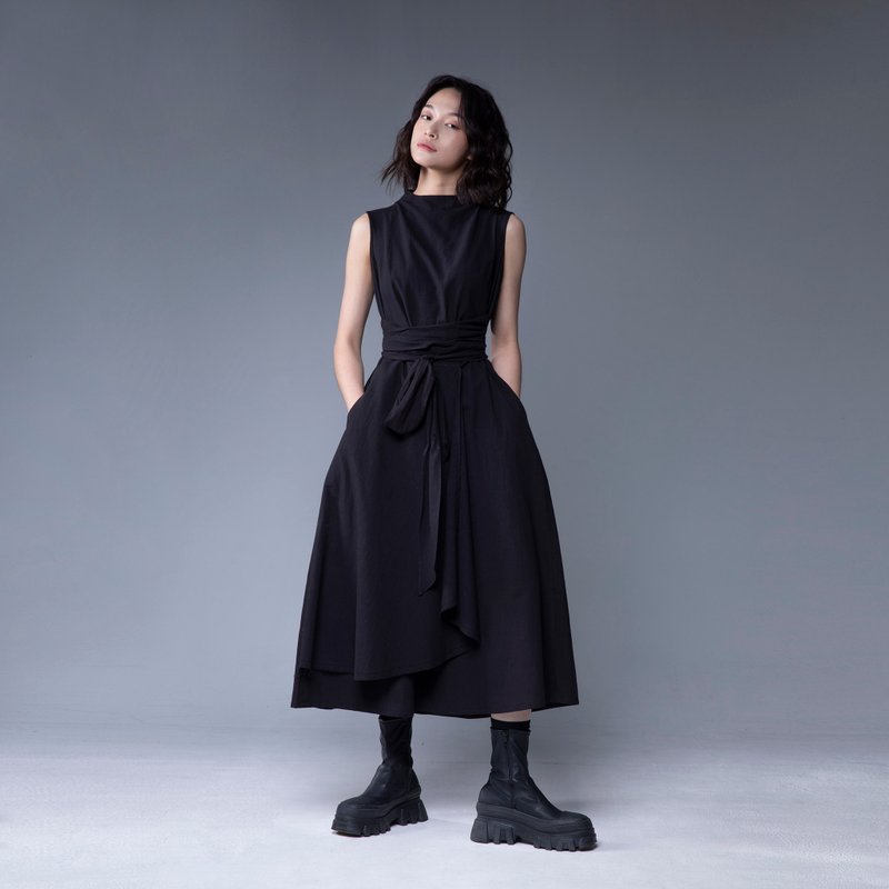 Aman No.45 经典仙女洋2号 黑色棉麻 - 洋装/连衣裙 - 棉．麻 