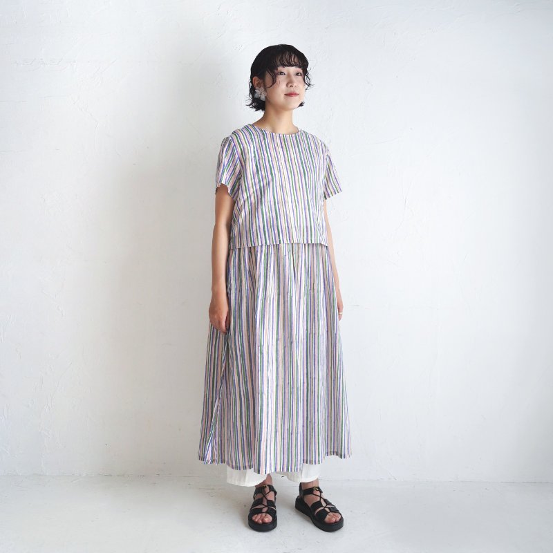 莫代尔棉手工织布套装连身裙 / 条纹粉色 - 洋装/连衣裙 - 棉．麻 粉红色