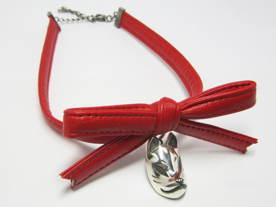 Fox face RIBBON CHORKER red - 项链 - 其他金属 银色
