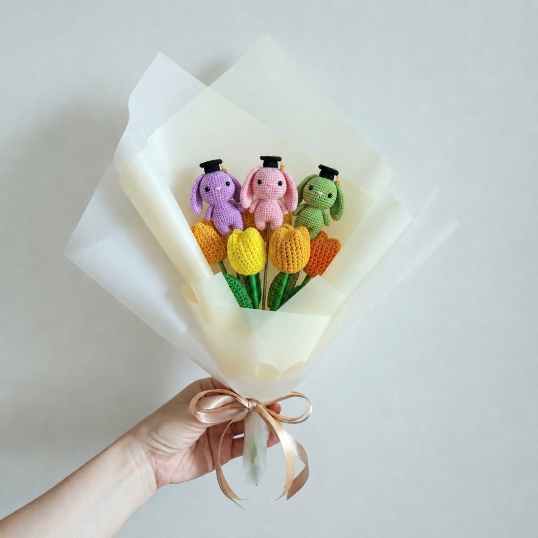 加一只玩偶的 Q 版郁金香花束 - 干燥花/捧花 - 棉 多色