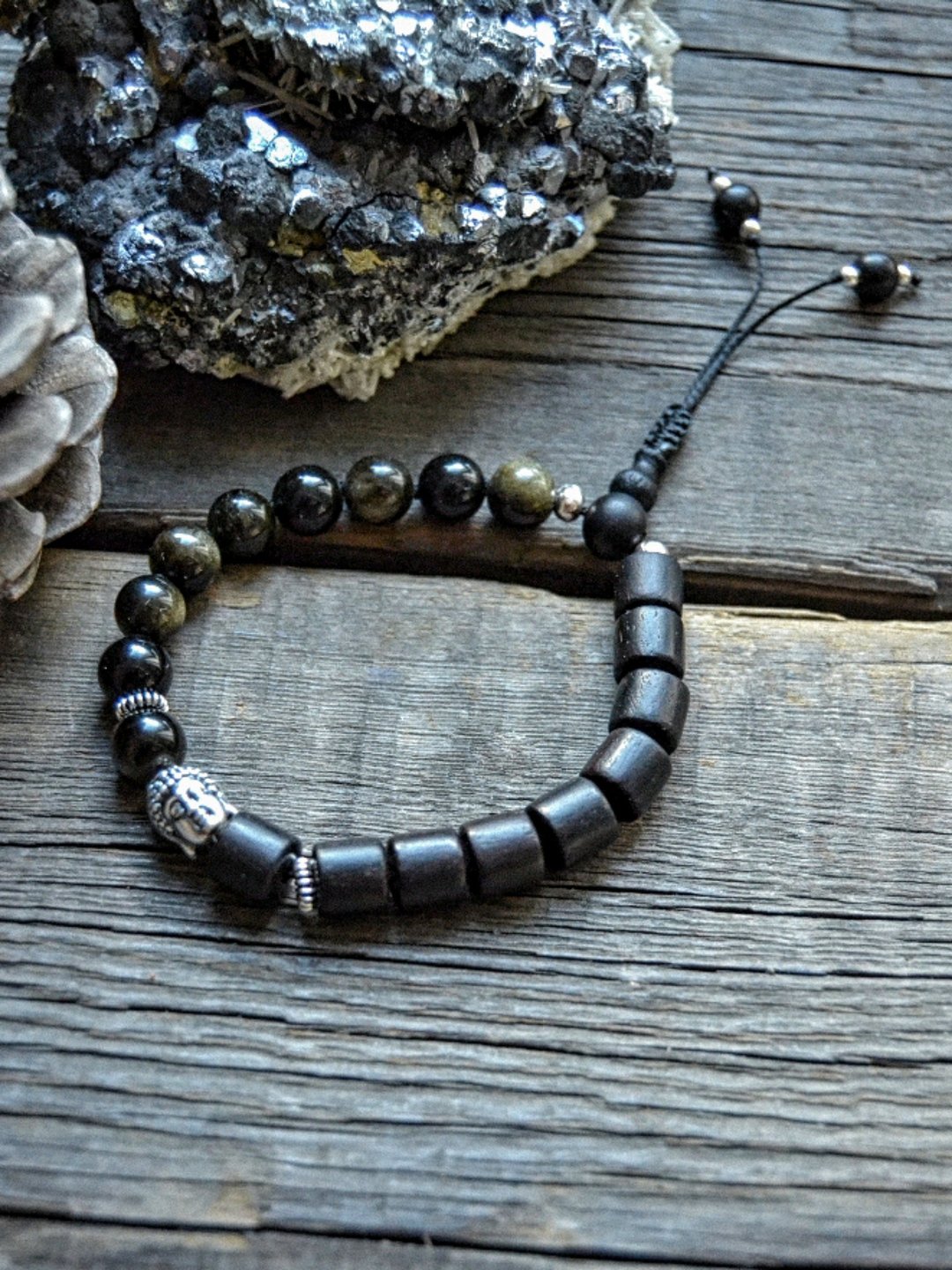 Black Ebony and Obsidian Bracelet with Silver Buddha Rosary - 手链/手环 - 木头 黑色