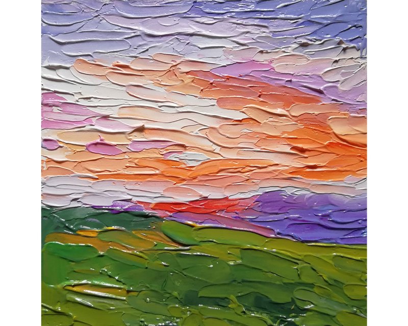 Sunrise Oil Painting Landscape Original Art Impasto Wall Art Nature Abstract - 海报/装饰画/版画 - 其他材质 多色