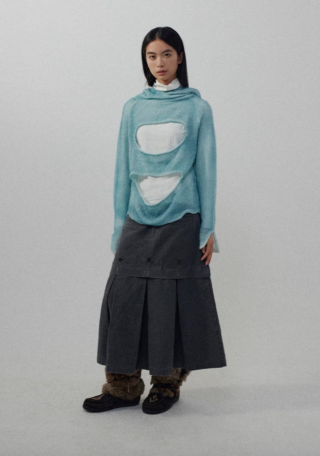 Knit Hoodie 斑驳喷绘针织打底衫 - 女装 T 恤 - 其他材质 蓝色
