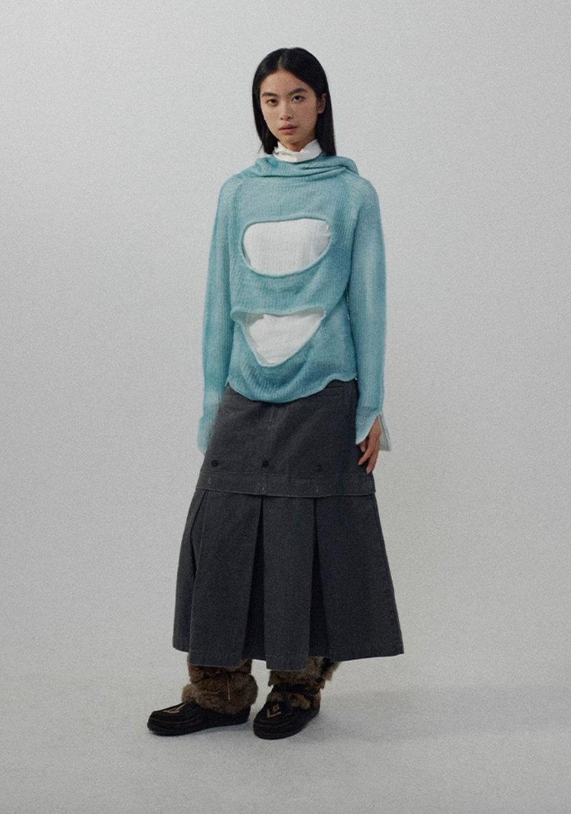 Knit Hoodie 斑驳喷绘针织打底衫 - 女装 T 恤 - 其他材质 蓝色