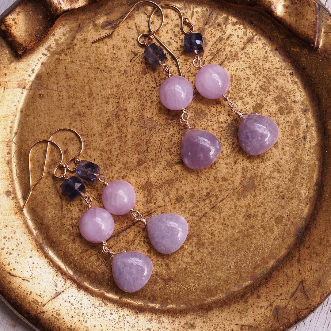 14KGF 少见 锂云母 堇青石 紫锂辉石  Lepidolite earrings - 耳环/耳夹 - 半宝石 紫色