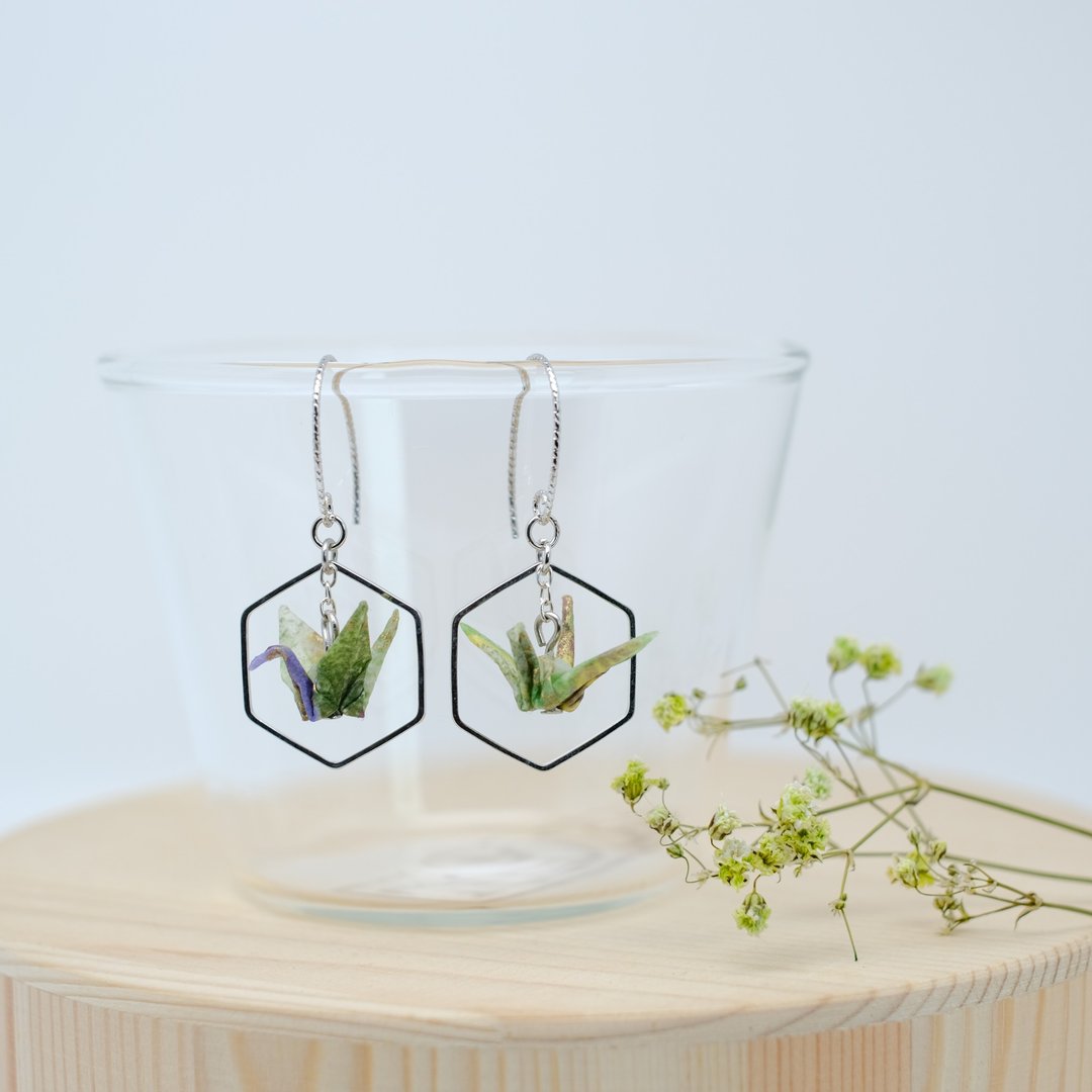 Chearrings | Origami 日本和纸 手工折纸 纸鹤耳环 | 款式C001 - 耳环/耳夹 - 纸 绿色