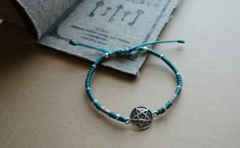 ~米+熊~ 五芒星 五角星  925纯银 蚕丝蜡线 编织手链 细手链 /  925 pentagram silver bracelet - 手链/手环 - 其他金属 绿色
