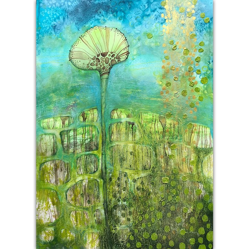 Tropical flower painting Teal Original art Fantasy wall art by Rubinova - 海报/装饰画/版画 - 纸 绿色