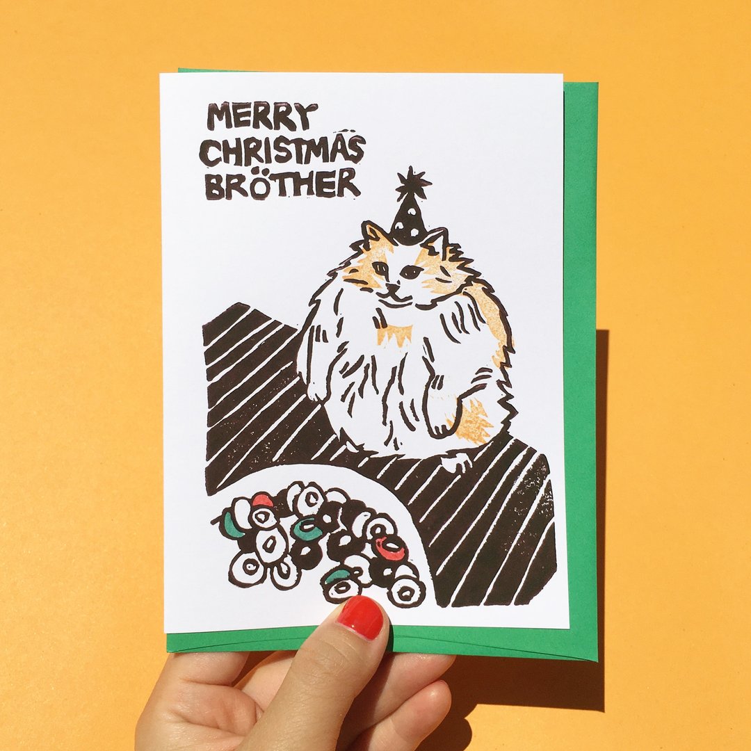 Hand-printed card - Merry Christmas Brother Loops Cat Meme card - 卡片/明信片 - 纸 