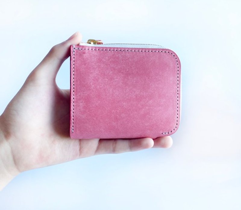 Coral pink half wallet (using Italian leather MAYA) Selectable zipper color ☆ Compact wallet - 皮夹/钱包 - 真皮 