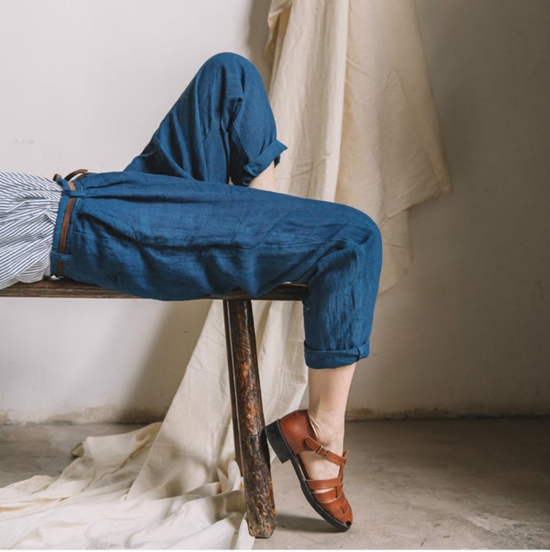 隨性 | 天然植物古法藍染 純亞麻寬松蘿蔔褲子 春裝錐形小腳褲 - 女装长裤 - 棉．麻 蓝色