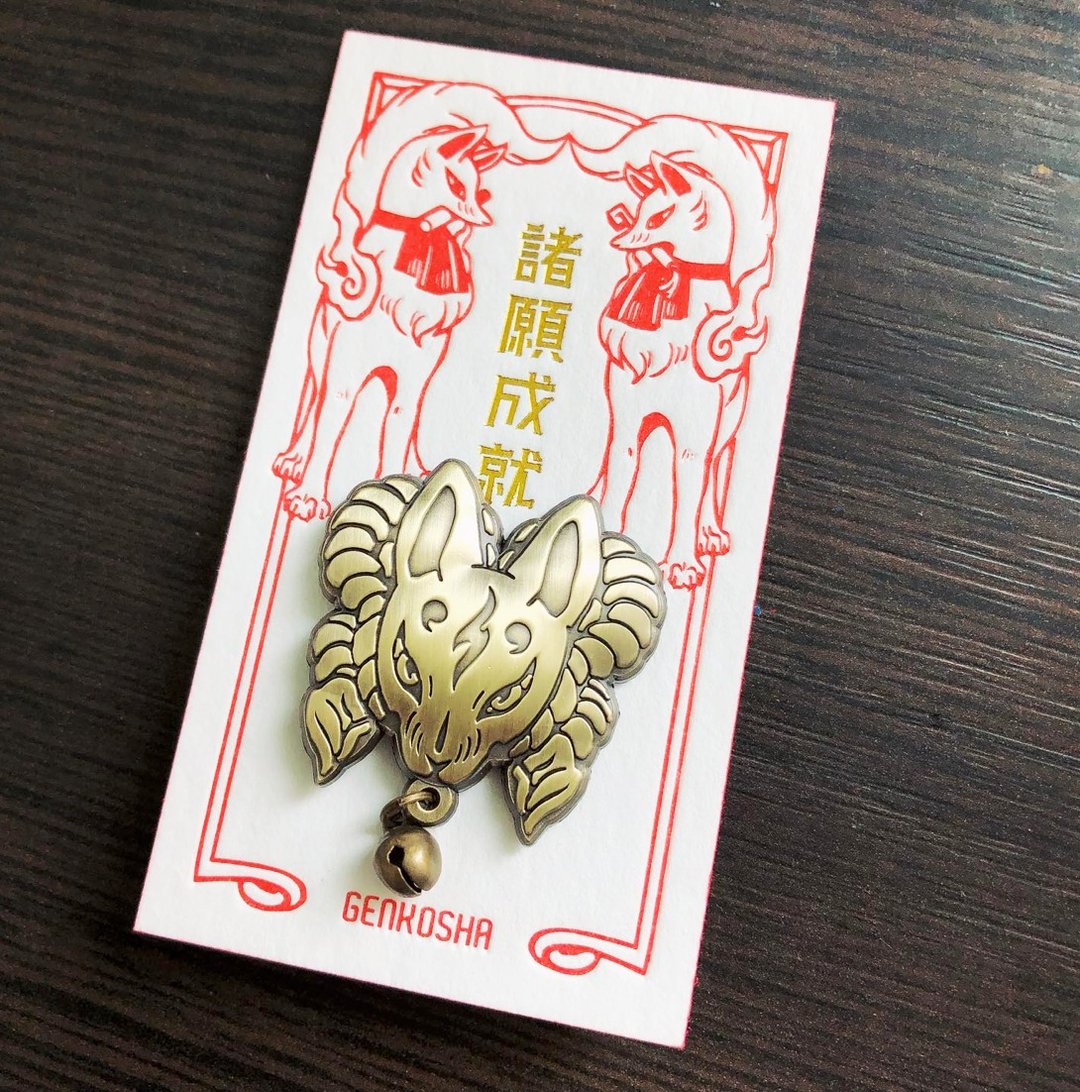 Genkosha 幻狐舍 狐面 金属徽章 别针 胸针 狐狸 日本文化 - 胸针 - 其他金属 金色