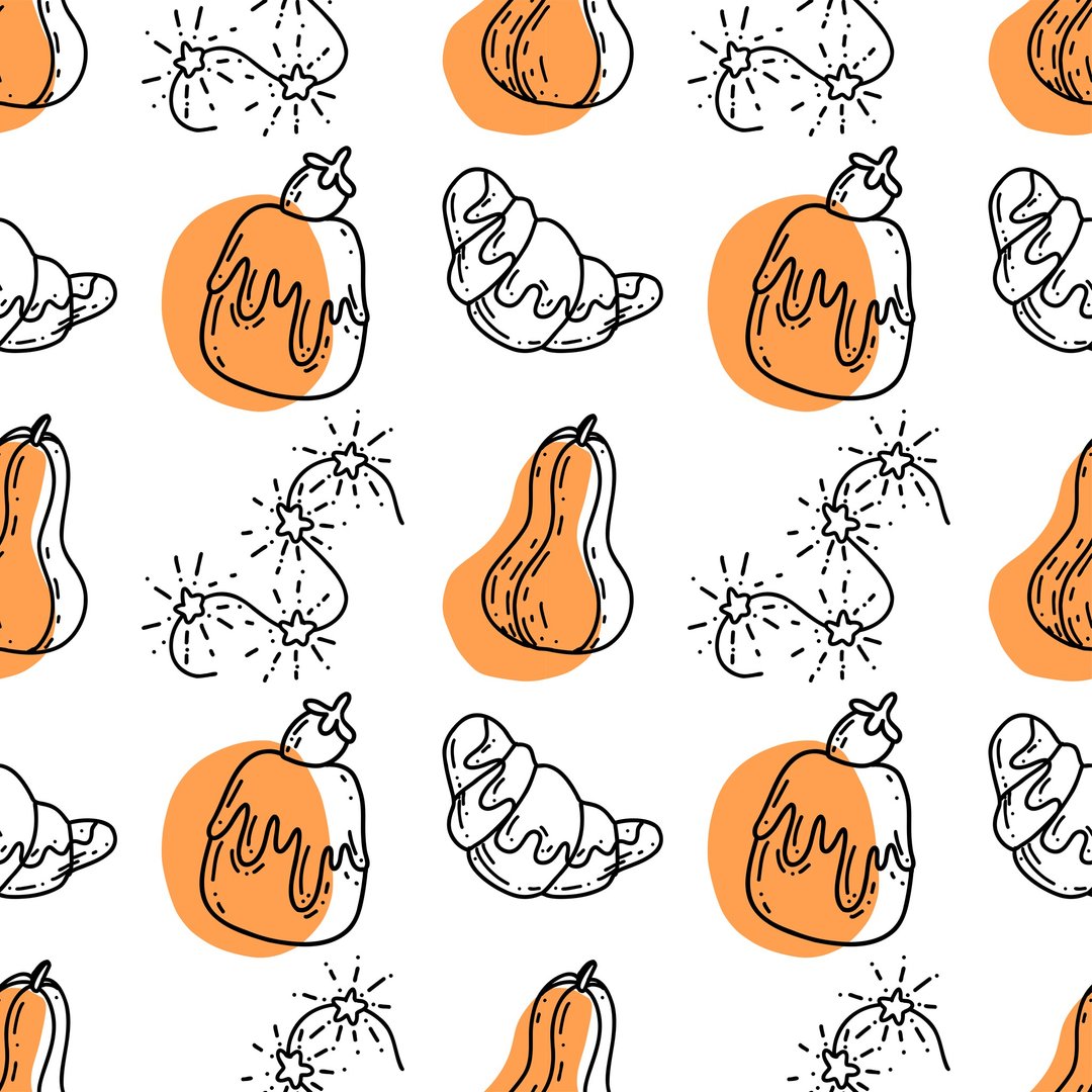 Autumn pattern with pumpkin, coffee, croissant, cupcake and garland. - Logo 设计/图案设计 - 其他材质 