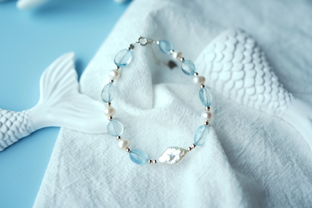 【留白】海蓝宝巴洛克珍珠手链 天然水晶设计手链 饰品 海水蓝宝 - 手链/手环 - 半宝石 蓝色
