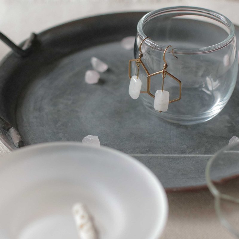 天然石几何耳环-冰川纪/耳针/夹式/可定制 - 耳环/耳夹 - 水晶 白色