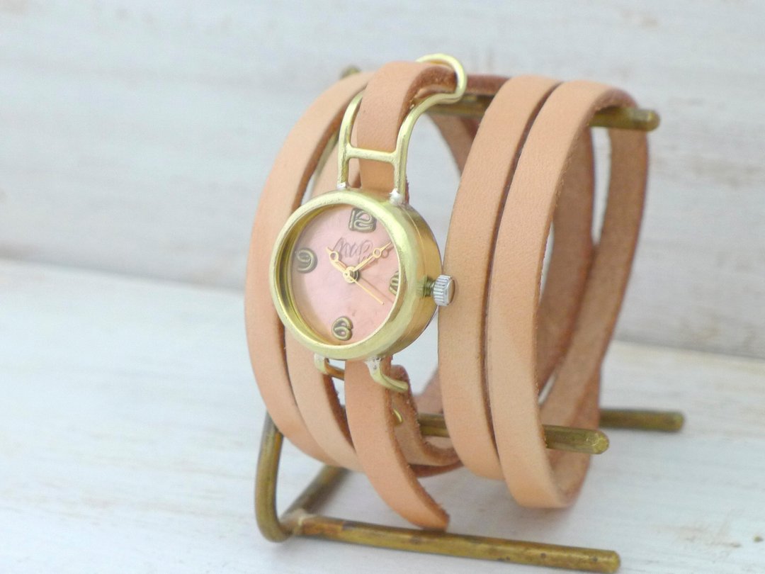 Coil1-B Lady's 22mm Brass 5-layer leather belt Handmade wristwatch (45A Nume) - 女表 - 铜/黄铜 金色