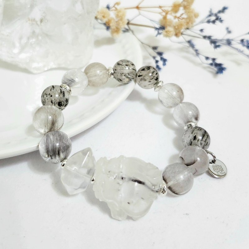 白水晶带黑碧玺龙龟设计手链/避邪挡煞/高度聚财之水晶 - 手链/手环 - 水晶 黑色