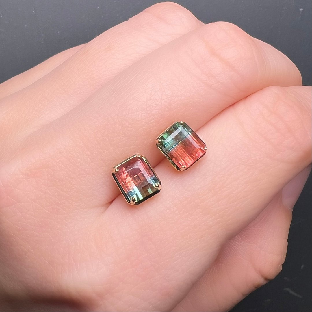 The Fusion  -  天然西瓜双色碧玺 (2.74ct) 18k黄金耳环 - 耳环/耳夹 - 贵金属 金色